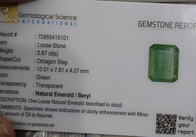GSI Certified 2.87ct Zambian Emerald, Natural Loose Gemstonr