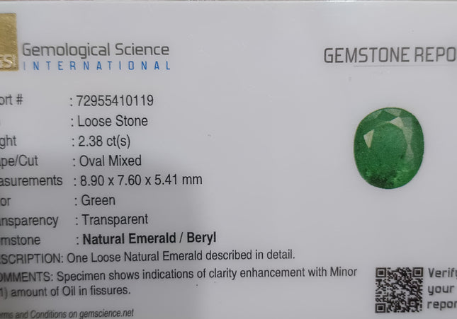 GSI Certified 2.38ct Zambian Emerald, Natural Loose Gemstone
