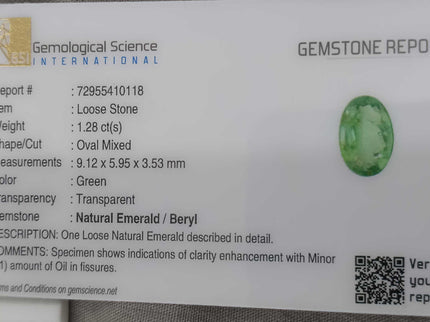 GSI Certified 1.28ct Zambian Emerald Pastel Green Natural Loose Gemstone