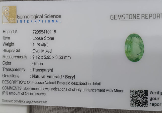 GSI Certified 1.28ct Zambian Emerald, Natural Loose Gemstone