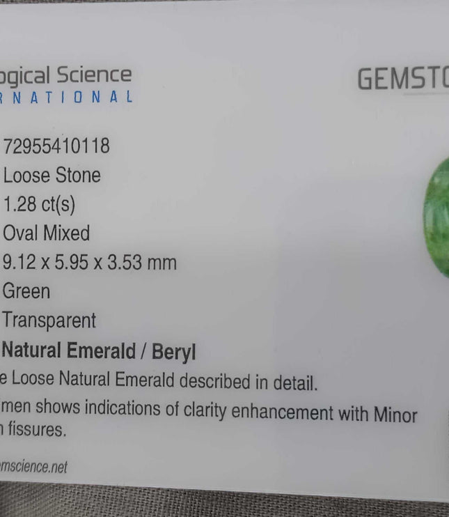 GSI Certified 1.28ct Zambian Emerald Pastel Green Natural Loose Gemstone