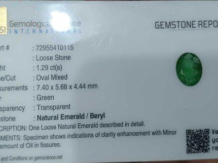 GSI Certified 1.29ct Deep Green Emerald, Natural Loose Gemstone