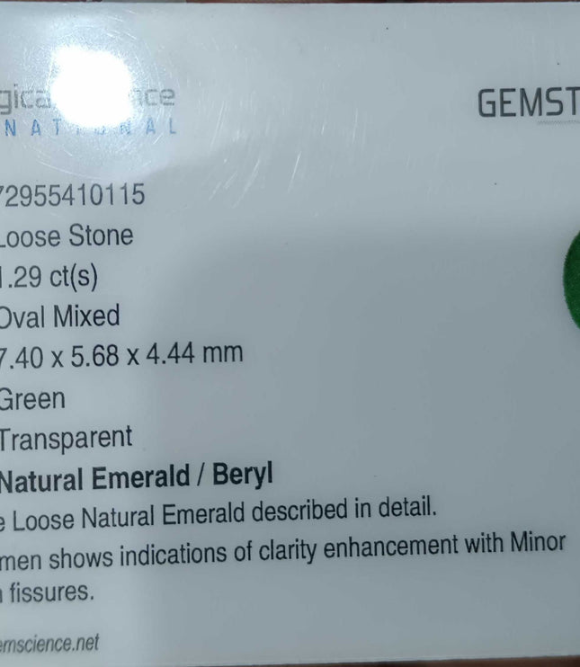 GSI Certified 1.29ct Deep Green Emerald, Natural Loose Gemstone