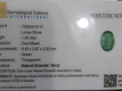 1.05 Deep Green Natural Emerald GSI Certified Zambian Oval Cut Stone