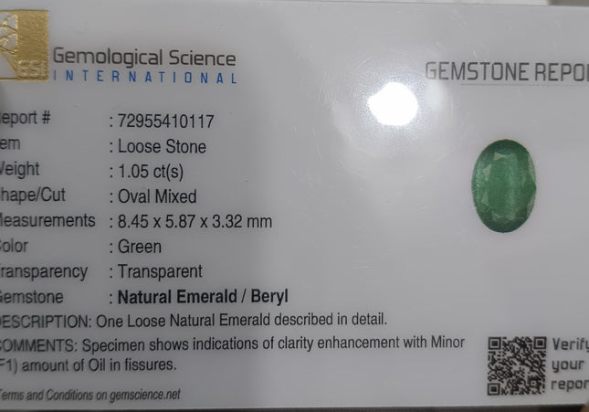 GSI Certified 1.05 Deep Green Emeralds, Natural Loose Gemstone