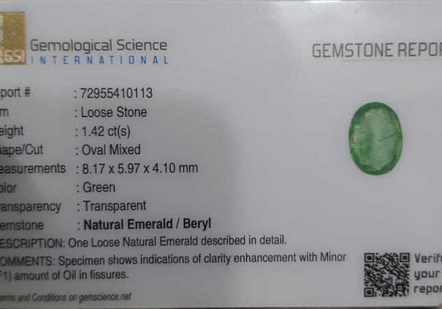 GSI Certified 1.42ct Panjshir Emerald, Natural Gemstone