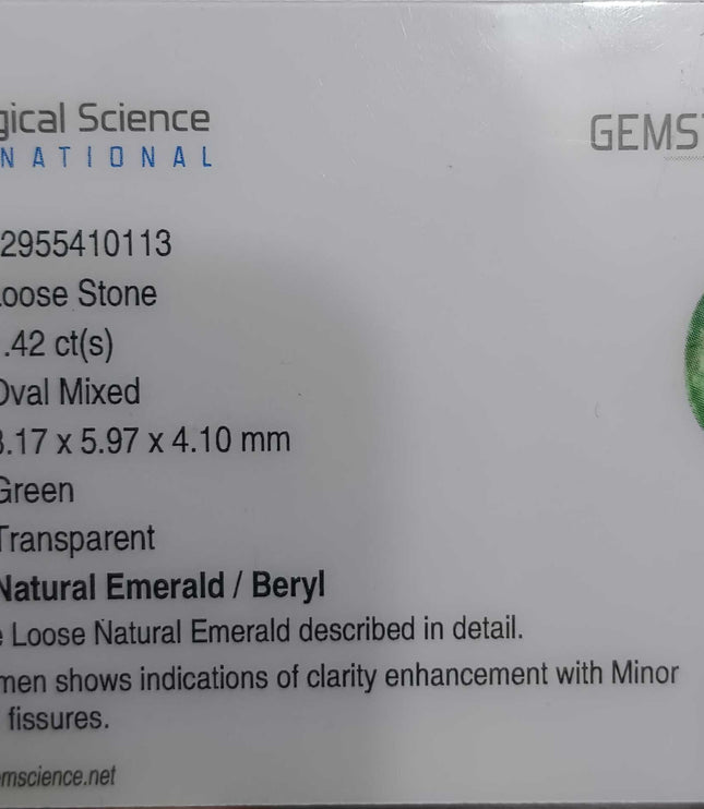 GSI Certified 1.42ct Panjshir Emerald Natural Gemstone