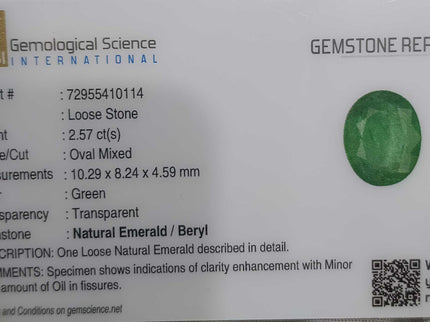 Zambian Emerald 2.57ct Certified Medium Green Natural Oval Cut Gemstone