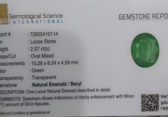 GSI Certified 2.57ct Grass Green Emerald, Natural Gemstone