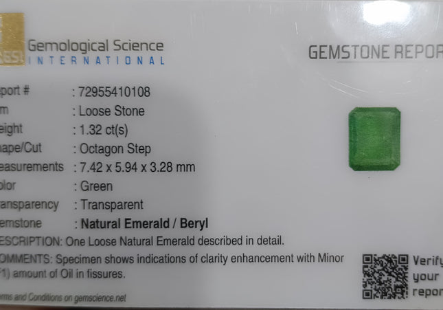 GSI Certified 1.32ct Medium Green Emerald, Natural Gemstone
