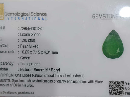 Natural Zambian Emerald 1.90 Certified Pure Velvet Green Pear Cut Gemstone