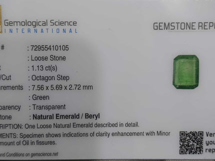GSI Certified 1.13ct Medium Green Zambian Emerald Natural Gemstone