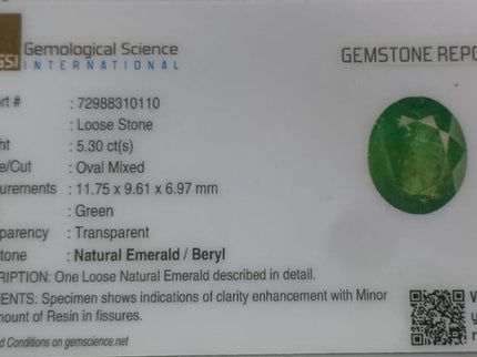 Certified 5.30ct Zambian Emerald, 100% Natural  Gemstone