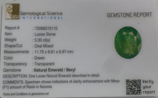 Certified 5.30ct Zambian Emerald, 100% Natural  Gemstone