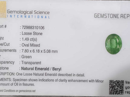 GSI Certified 1.49ct Medium Deep Green Zambian Emerald, Natural Earth Mined Gemstone