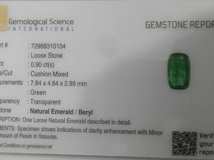 0.90ct GSI Certified Medium Deep Green Zambian Emerald
