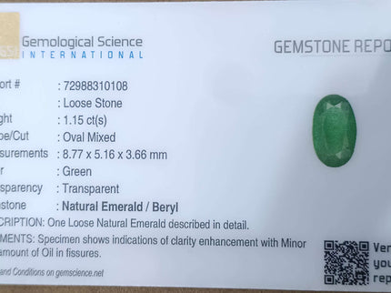 GSI Certified 1.15ct Grass Green Zambian Emerald Natural Earth Mined Gemstone