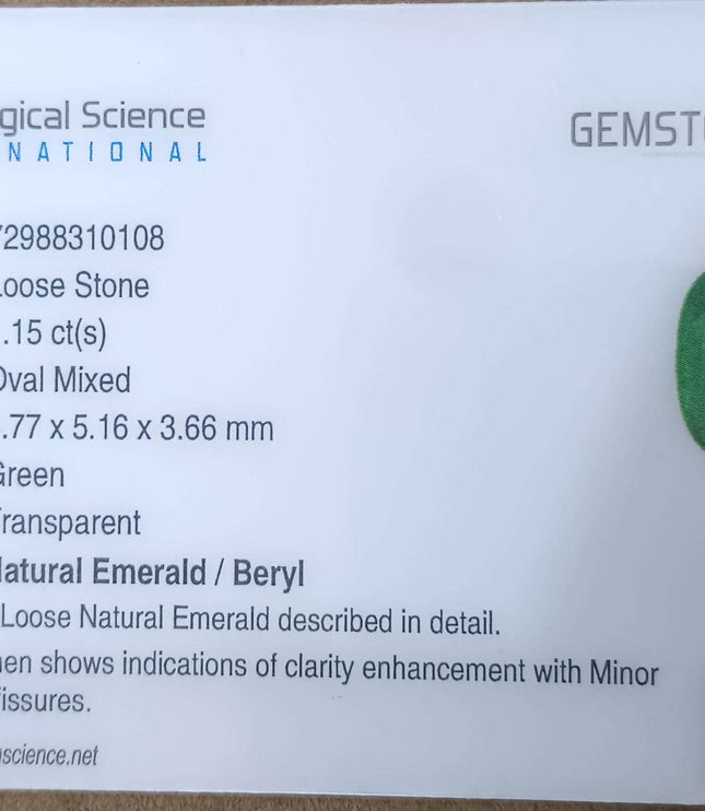 GSI Certified 1.15ct Grass Green Zambian Emerald Natural Earth Mined Gemstone