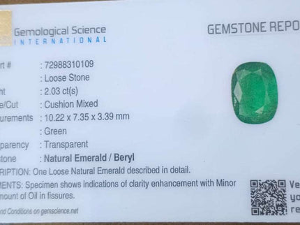 Natural Zambian Emerald 2.03ct Certified Deep Green Cushion Cut Earth Mined Gemstone