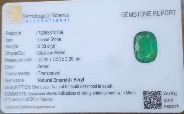 Natural Zambian Emerald 2.03ct Certified Deep Green Cushion Cut Earth Mined Gemstone