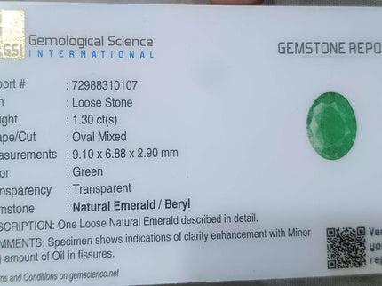 GSI Certified 1.30ct Zambian Emerald