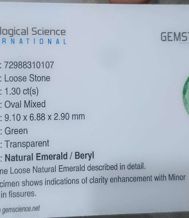 GSI Certified 1.30ct Zambian Emerald