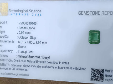 0.92ct Vivid Green Zambian Emerald, Natural earth Mined Gemstone