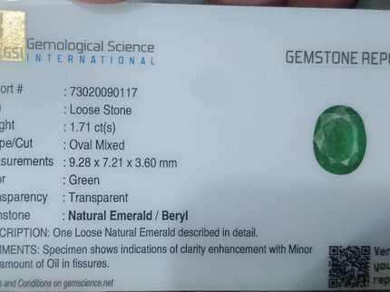 GSI Certified 1.71ct Medium Deep Green  Zambian Emerald,Natural Earth Mined Gemstone