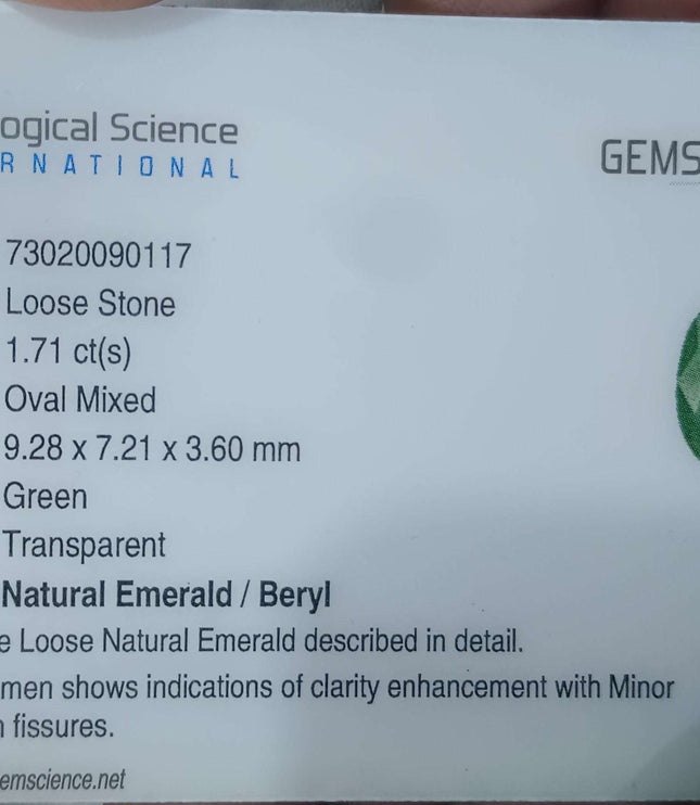 GSI Certified 1.71ct Medium Deep Green  Zambian Emerald,Natural Earth Mined Gemstone