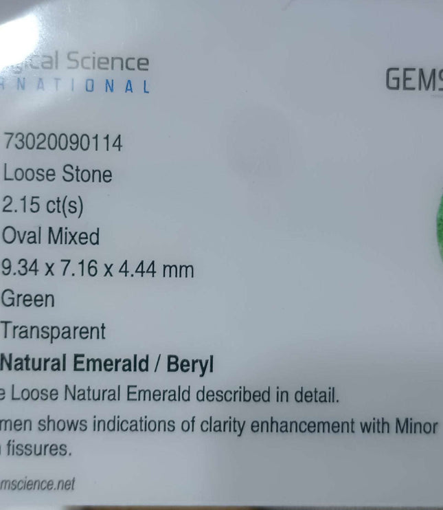 Certified 2.15ct Natural Zambian Emerald, Eye Clean Medium Light Green Stone.