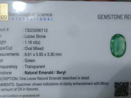 GSI Certified 1.16ct Zambian Emerald