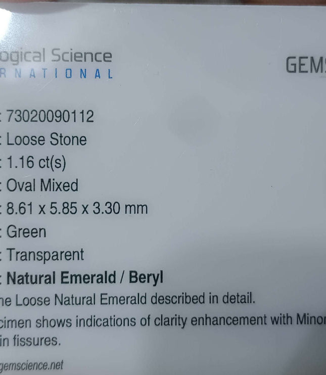 GSI Certified 1.16ct Zambian Emerald