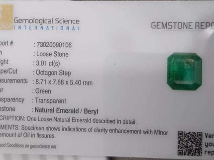GSI certified 3.01ct medium deep vivid green Zambian emerald