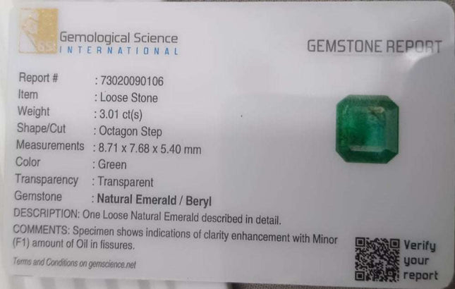 GSI certified 3.01ct medium deep vivid green Zambian emerald