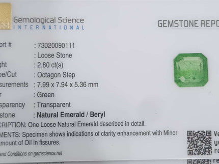 GSI certified 2.80ct medium green Zambian emerald