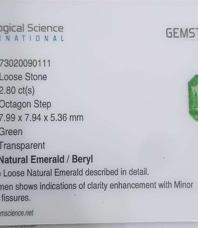 GSI certified 2.80ct medium green Zambian emerald