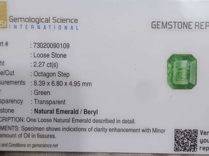 GSI certified 2.27ct velvet green natural Zambian emerald