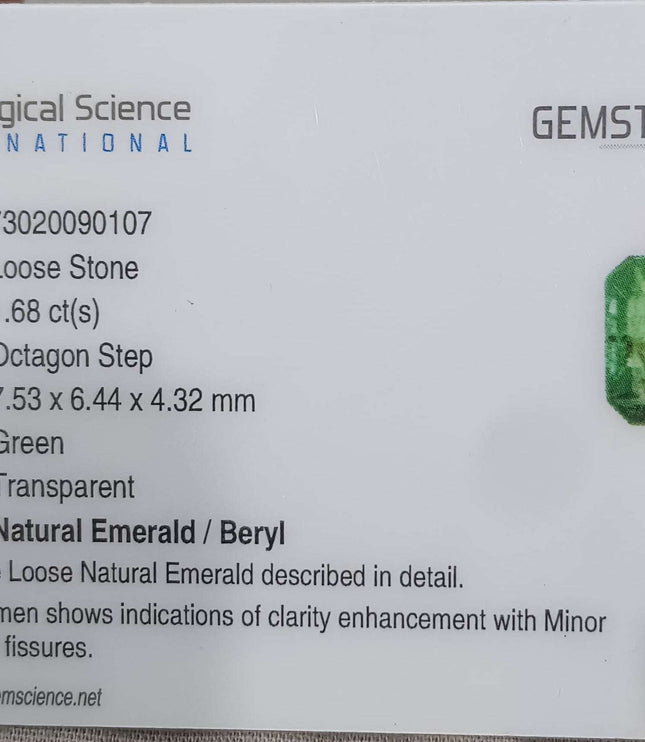Zambian Emerald 1.68ct Certified Pastel Green Natural Gemstone