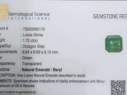GSI Certified 1.72ct Zambian Emerald