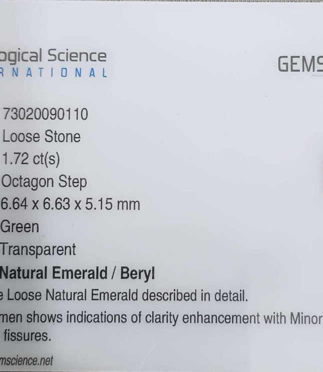 GSI Certified 1.72ct Zambian Emerald