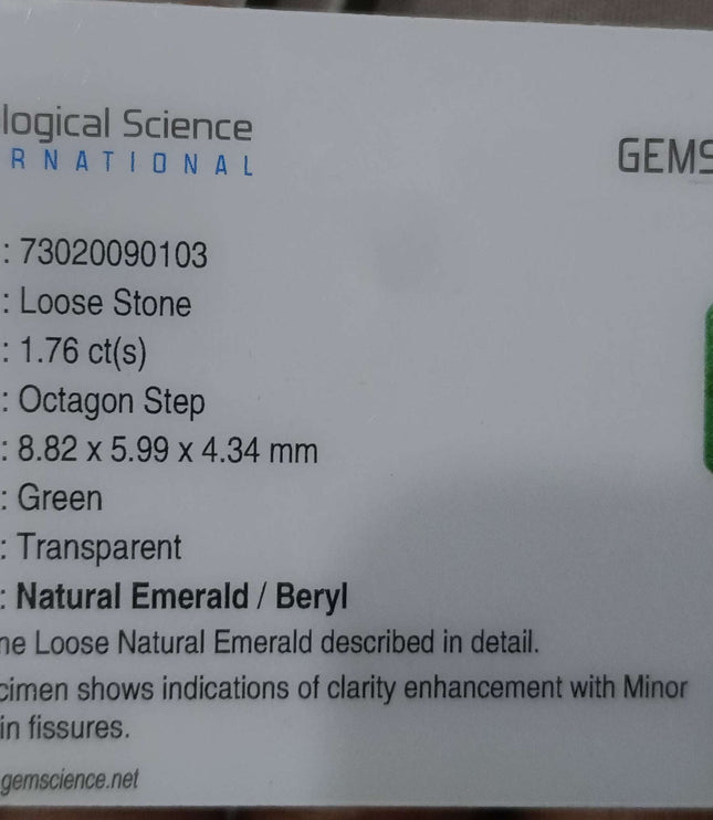 Panjshir Emerald 1.76ct Natural Velvet Green Certified Octagon Cut Loose Gemstone