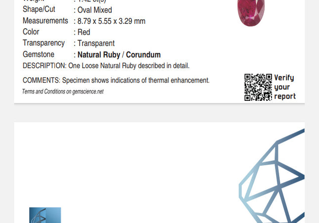 GSI Certified 1.42ct Blood Red Ruby, Natural Untreated Gemstone