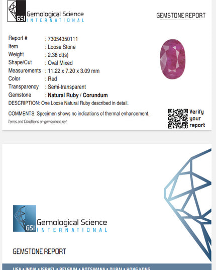 GSI Certified 2.38ct Purplish Red Ruby, Natural Untreated Gemstone