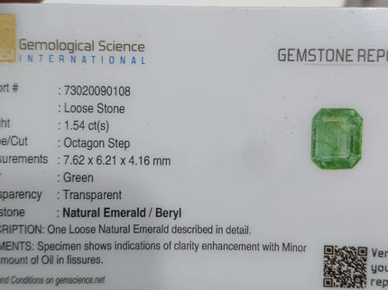 GSI Certified 1.54ct Medium Green Zambian Emerald