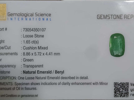 GSI Certified 1.65ct Medium Deep Zambian Emerald