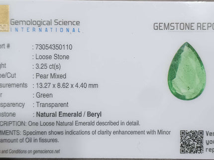 GSI Certified 3.25ct Intense Green Zambian Emerald