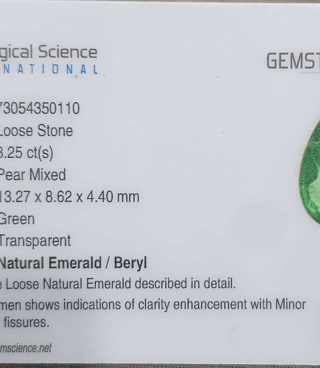 GSI Certified 3.25ct Intense Green Zambian Emerald