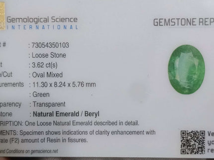 Natural Emerald 3.62ct GSI certified Medium Intense Green Oval Cut Loose Gemstone