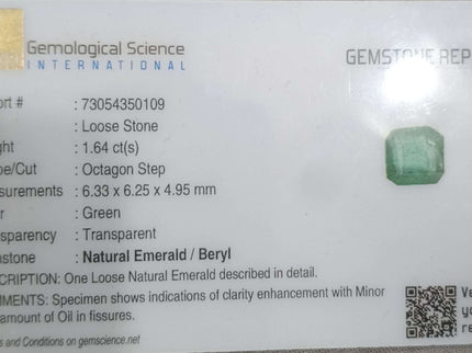 GSI Certified 1.64ct Deep Green Zambian Emerald