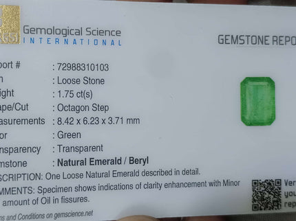 Certified 1.75ct Natural Zambian Emerald Medium Light Green Stone.